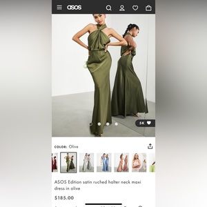 ASOS Edition satin ruched halter neck maxi dress in olive